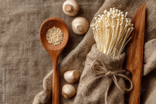 Fresh enoki mushrooms, button mushrooms, pine nuts, wooden spoon and cutting board on burlap fabric