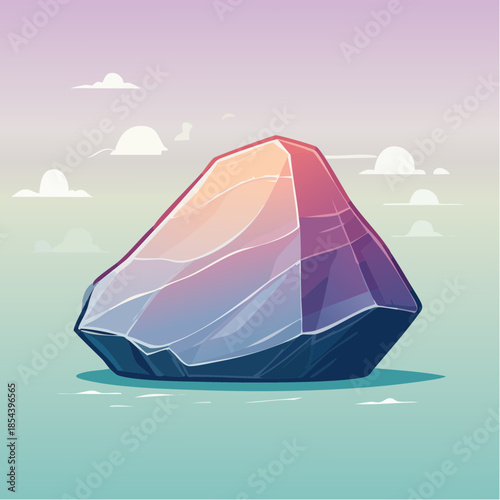 Stylized illustration of a large, faceted crystal or gemstone against a pastel sky.