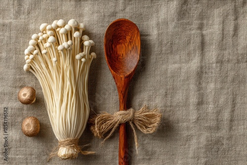 Fresh Enoki and Shimeji Mushrooms with Wooden Spoon on Rustic Fabric Background