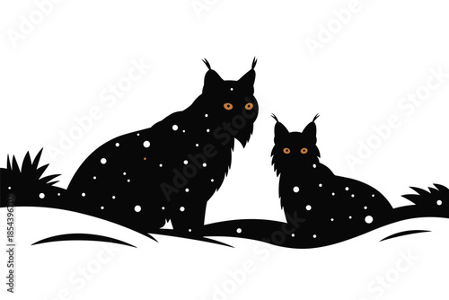 Lynx Pair in Snowy Winter Landscape Silhouette, wild nature concept