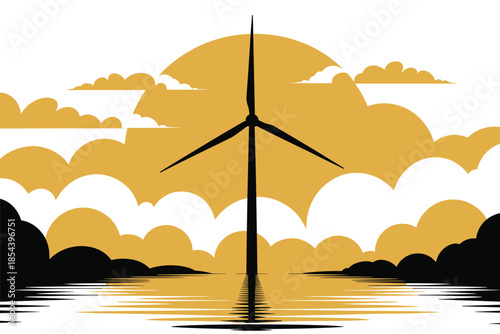 Golden Hour Wind Turbine Silhouette with Water Reflection, renewable energy concept
