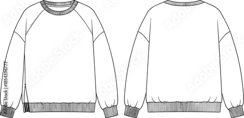 Oversized Crewneck Sweatshirt Technical Flat Sketch Vector with Raglan Sleeves, Ribbed Trim, and Hem Side Slit Detail: Apparel CAD Template