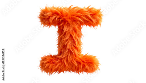 3D Render of a fluffy orange letter 'I' with a monster fur texture, perfect for playful and creative graphic design projects, offering ample copy space.