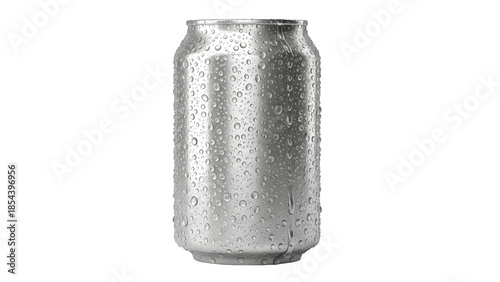 Cold can with water droplets on white background