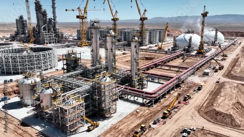 Aerial view of a large industrial facility under construction with multiple cranes and equipment