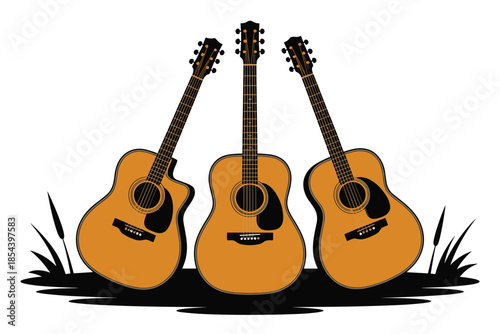 Three Acoustic Guitars with Grass Elements, acoustic music concept