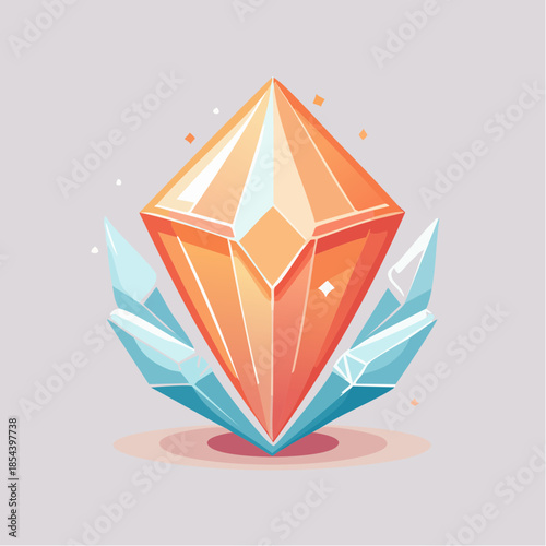 Illustration of a vibrant orange diamond with blue crystal accents on a light background.