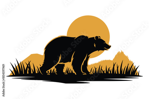 Bear Silhouette in Golden Wilderness Landscape, solitude concept