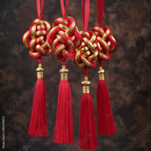 Wallpaper Mural Handmade Knot Tassels. Lunar New Year 2026 (Year of the Horse). A tied red and gold Chinese decorative knots (Zhongguo Jie) ending in thick silk tassels, hanging against a dark, textured background.
 Torontodigital.ca