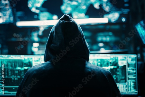 Hooded figure in a dark room monitoring multiple screens of code, data and network maps, portraying hacking, cybercrime and the threat to online security and privacy safeguards