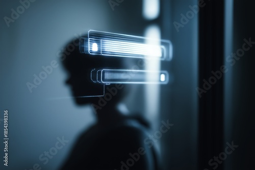 Human silhouette facing left, interacting with modern digital interface displaying glowing search bars and a lock icon, representing concepts of cybersecurity, privacy, and advanced technology