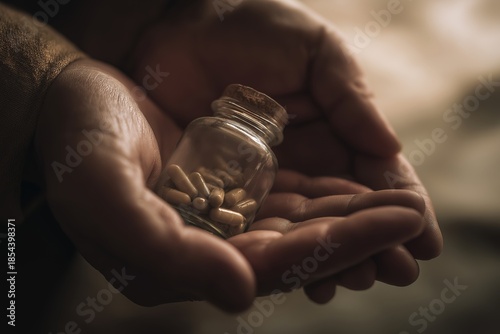Person's hands gently holding a small glass bottle filled with numerous natural supplement capsules, symbolizing healthcare, traditional medicine, and holistic wellness practices