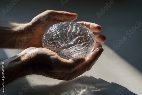 Person's hands gently cradling a delicate clear brain model, symbolizing mental health, cognitive care, intelligence development, and the fragility of the human mind under bright light