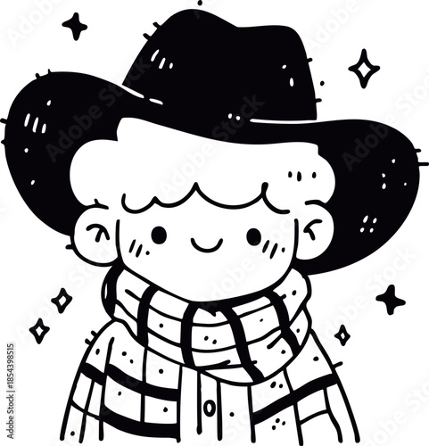 Cute Cowboy Kid in Winter Scarf - Hand Drawn Kawaii Black and White Cartoon