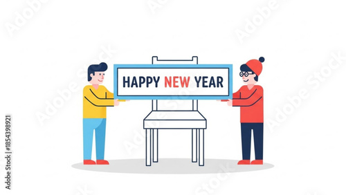 Two cartoon people holding a happy new year sign on an easel together