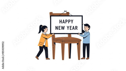 Man and woman holding happy new year sign on easel together