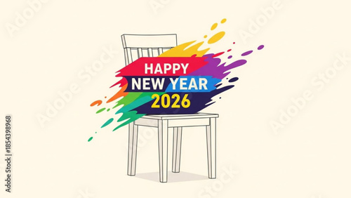 Colorful happy new year 2026 celebration with chair and vibrant paint splashes