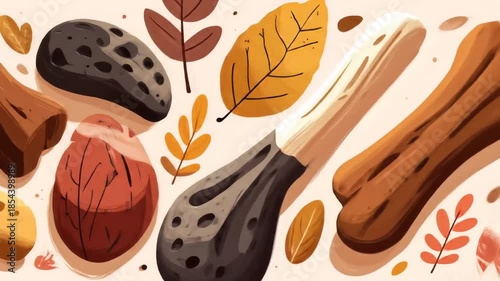 Stylized, abstract illustration showing bones, rocks, and leaves, evoking nature and a playful artistic vibe