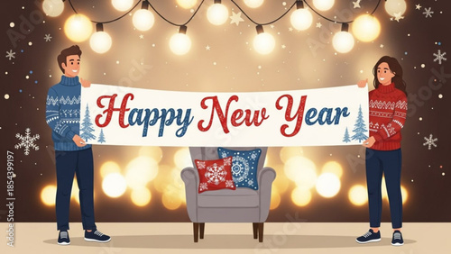 Man and woman holding happy new year sign in cozy living room with festive lights and snowflakes