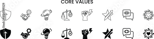 Core values vector and line icon: integrity, sustainability, transparency, accountability, trust