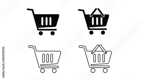 Four variations of shopping cart icons in black and white outlines