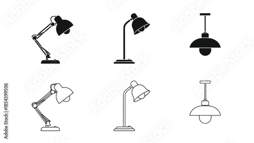 A collection of various black and white lamp silhouettes on a white background