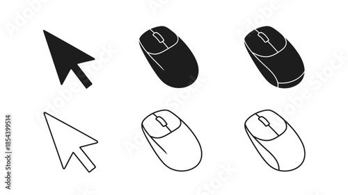 Black and white icons depicting computer cursors and mice in varied styles