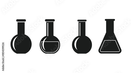 Four black silhouettes of laboratory flasks in a single row illustration