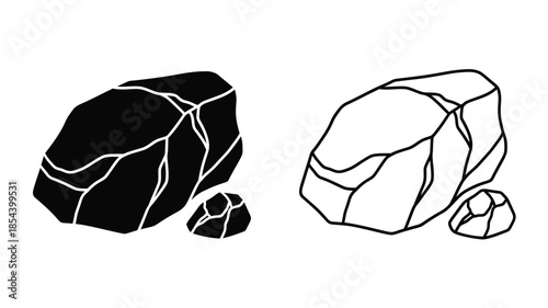 Black and white sketch of two large rocks with smaller pebbles nearby