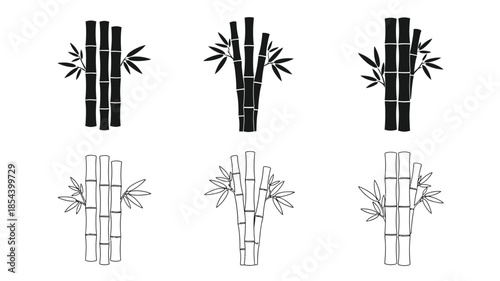 Simple black and white illustration depicting bamboo stalks with leaves