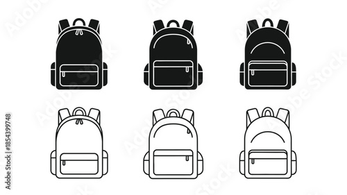 Black and white illustrations of various styles of backpacks and school bags