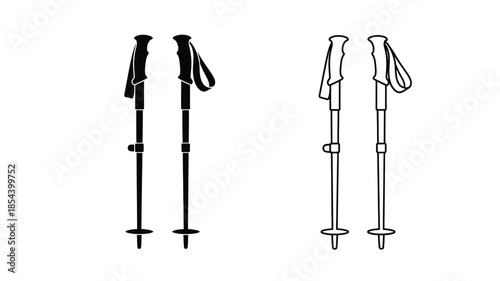 Illustration of trekking poles displaying both black and white line art styles
