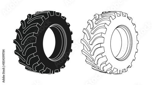 Two tractor tires one solid black and one line art depiction