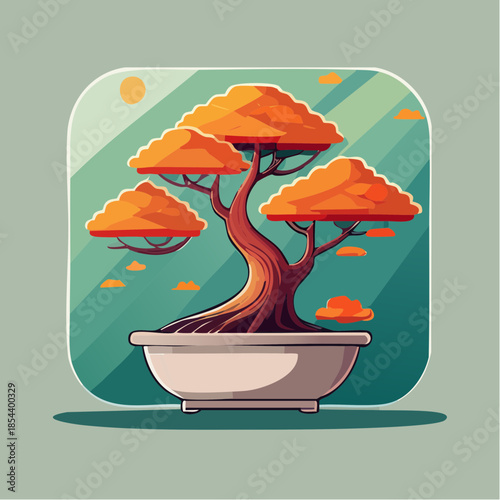Stylized bonsai tree with orange leaves in a white pot against a green background.