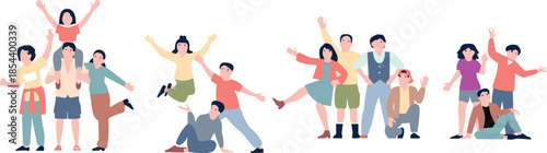 Cartoon group celebration illustration, diverse characters in joyful poses, friendship and community clipart, cheerful people vector, happy crowd design
