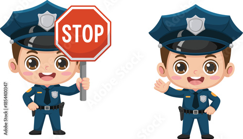 Cartoon police officer vector, traffic stop sign, law enforcement clipart, safety patrol character, children’s education, smiling policeman illustration