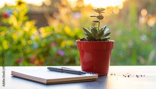 Succulent Plant in Red Pot, Notebook, and Pen on Table with Golden Hour Light