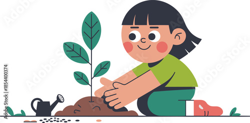 Happy cute cartoon girl planting a small tree sapling in soil with seeds, nature gardening vector illustration.