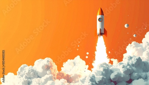 White and orange rocket launching amidst clouds on a vibrant orange background, symbolizing startup success and innovation