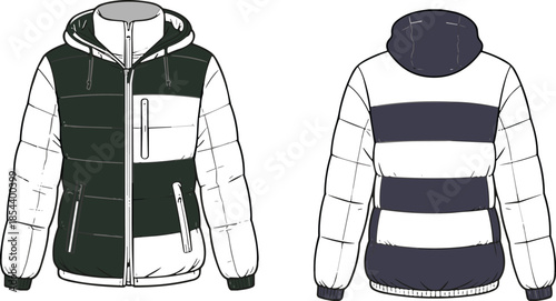 Hooded puffer jacket fashion sketch, front and back view, color-block design, zipper pockets, winter outerwear illustration, stylish garment concept