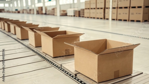 Open cardboard box on conveyor belt in warehouse with back haul cost efficiency focus for logistics and supply chain management