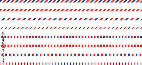 Seamless airmail diagonal line pattern with red and blue stripes border line set. Vector illustration.