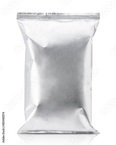 Blank silver foil snack packaging bag mockup isolated on a white background