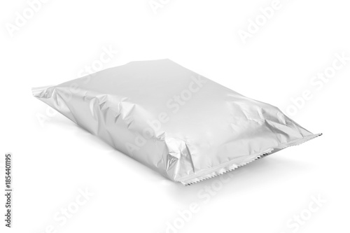 Blank silver foil snack packaging bag mockup isolated on a white background