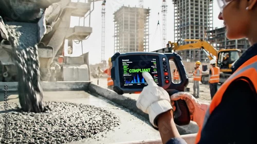 A hand holding infrared thermal imaging camera on a construction site