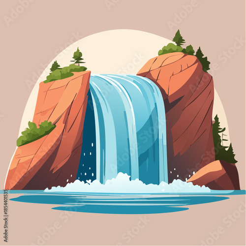 Cartoon illustration of a waterfall cascading between two rocky cliffs into a pool of water.