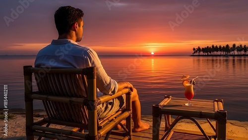 Man Relaxing on Beach at Sunset.