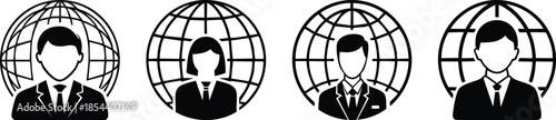 Global user network icon bold black line globe avatar remote work hiring connection symbol