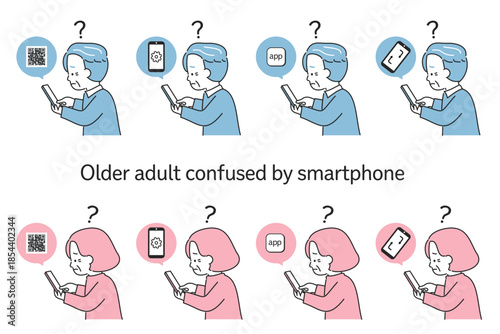 スマホの操作に悩む高齢男女のバリエーションセット