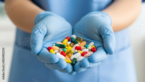 Close up view of a person wearing blue medical gloves holding a large handful of assorted colorful pharmaceutical pills and capsules, symbolizing medication, treatment, and healthcare services